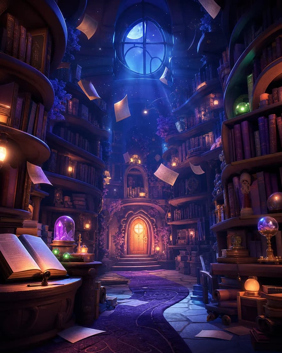 Original concept art of a moonlit archive with a glowing story door