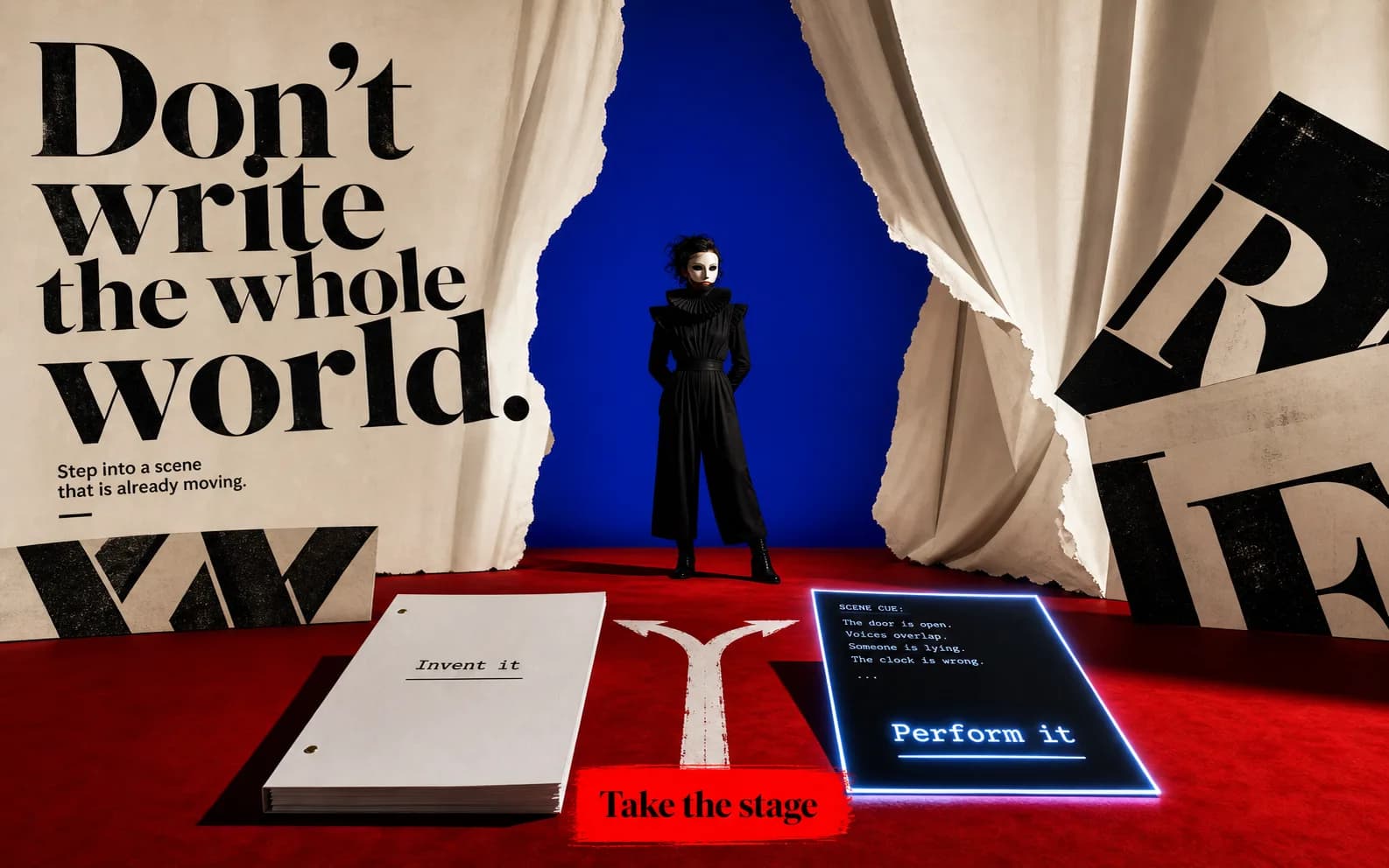 An original theatrical scene with a performer, split curtains, and two ways into a story.